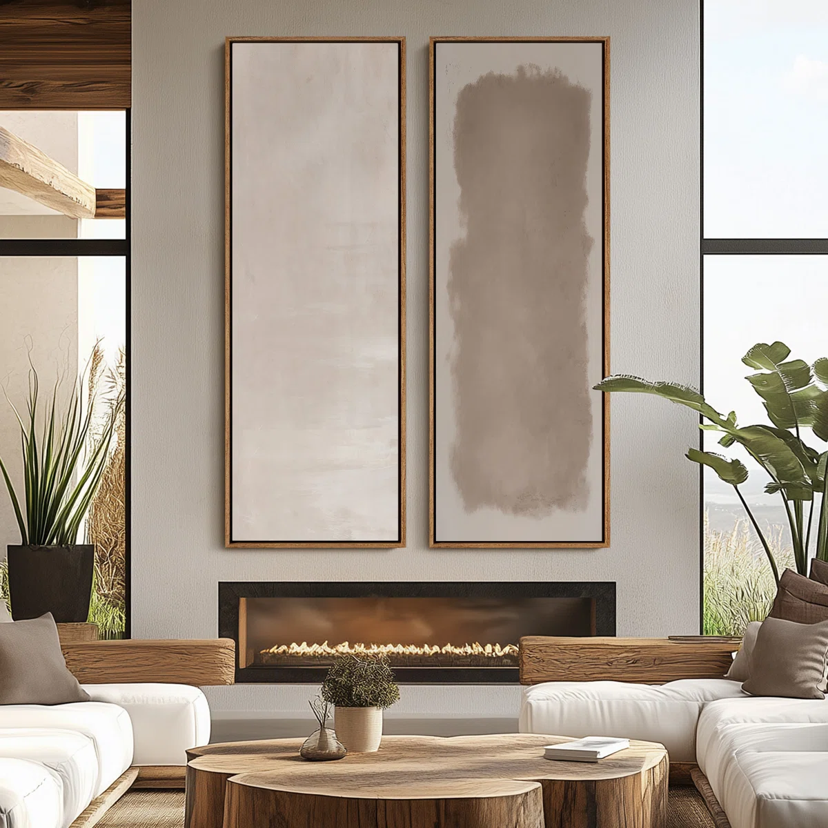 Ivy Bronx Vintage Landscape Wall Art – Set of 2 Framed Canvas Prints, 20x60 inches, Natural Frame for Living Room or Office Décor