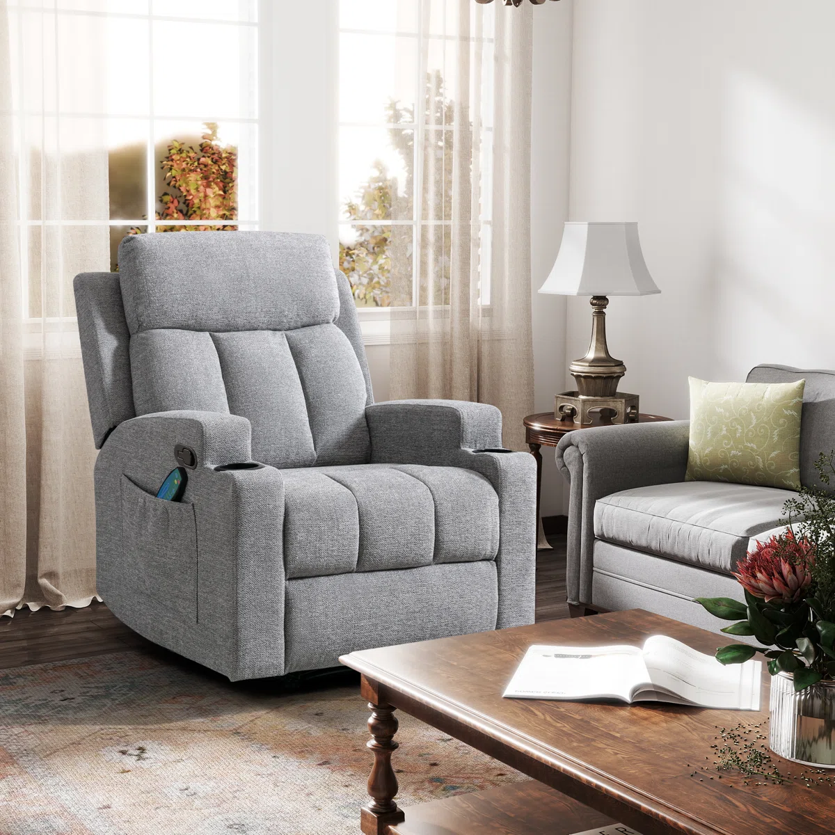 Red Barrel Studio® Myria 33” Gray Microfiber Upholstered Massage Manual Recliner – Comfortable Living Room Chair with Padded Armrests