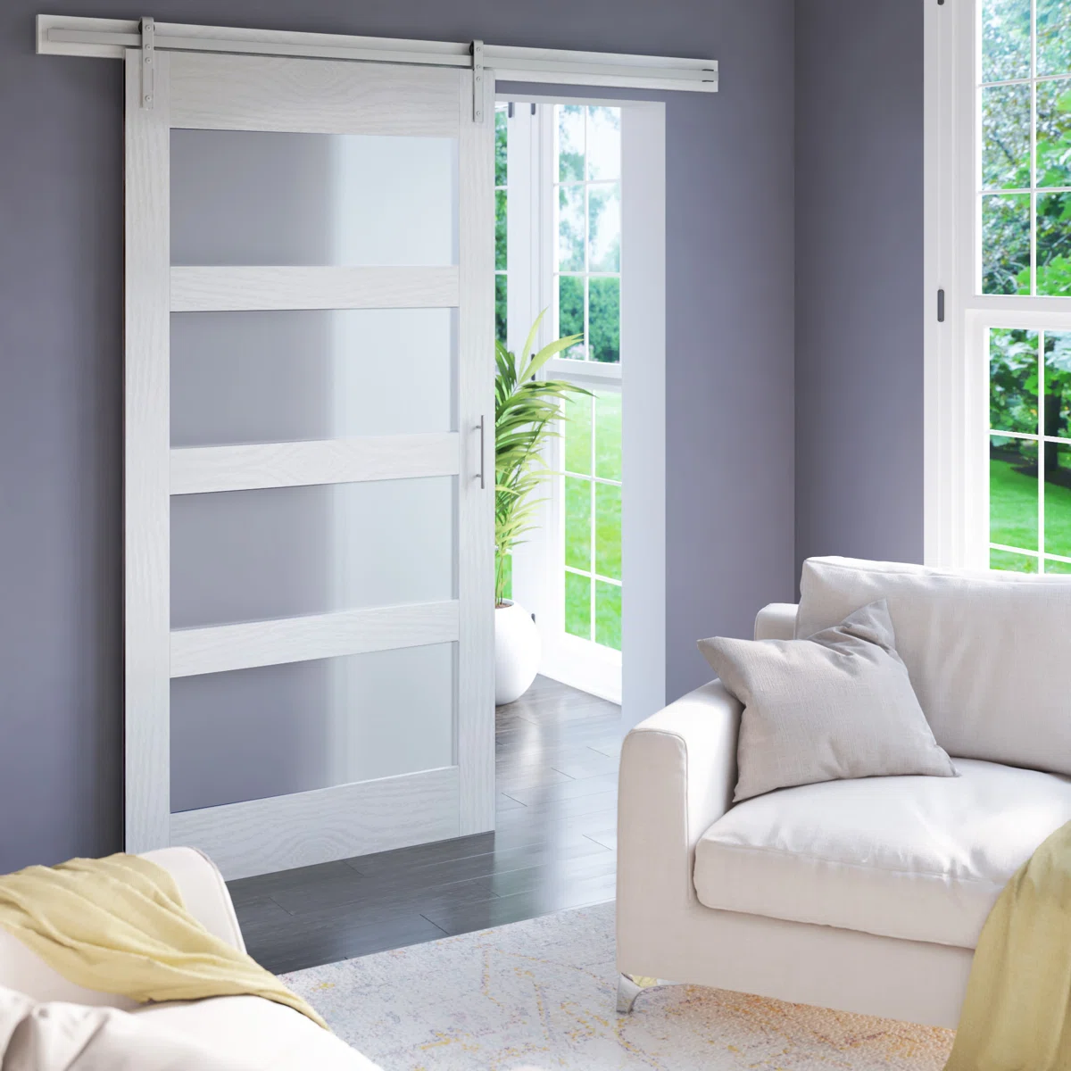 hishekh 81.75" x 87.63" Solid & Manufactured Wood Glass Barn Door with Installation Hardware Kit – Frosted Glass Sliding Door for Modern Interiors