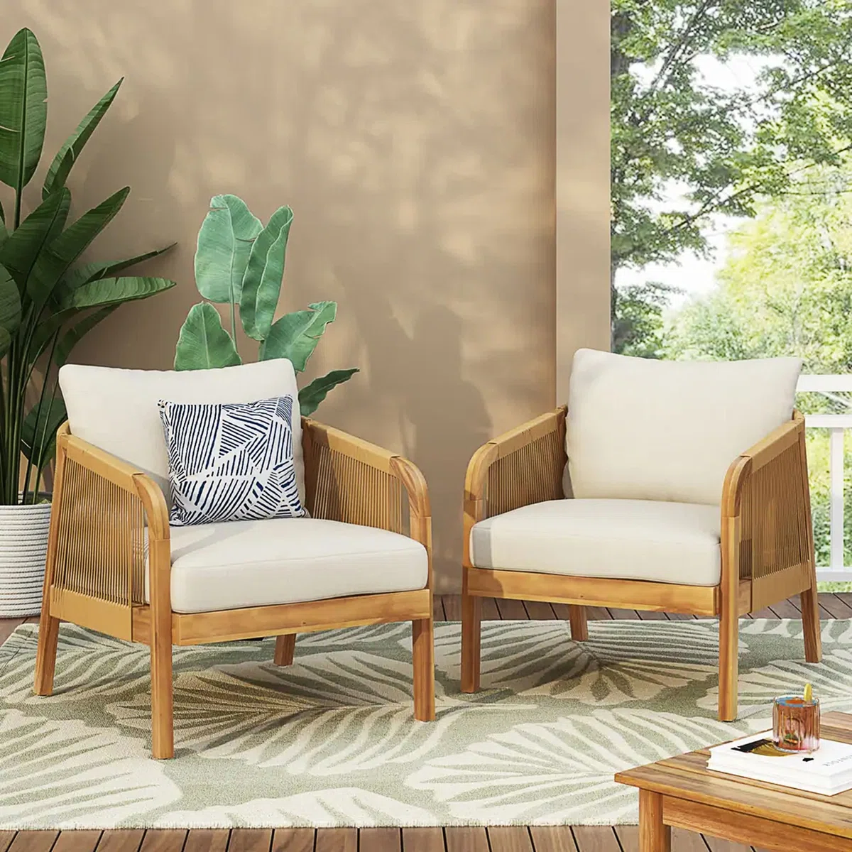 Fiora Outdoor Patio Chairs with Cushions (Set of 2) – Acacia Wood Frame, Faux Rattan Accents & Water-Resistant Covers