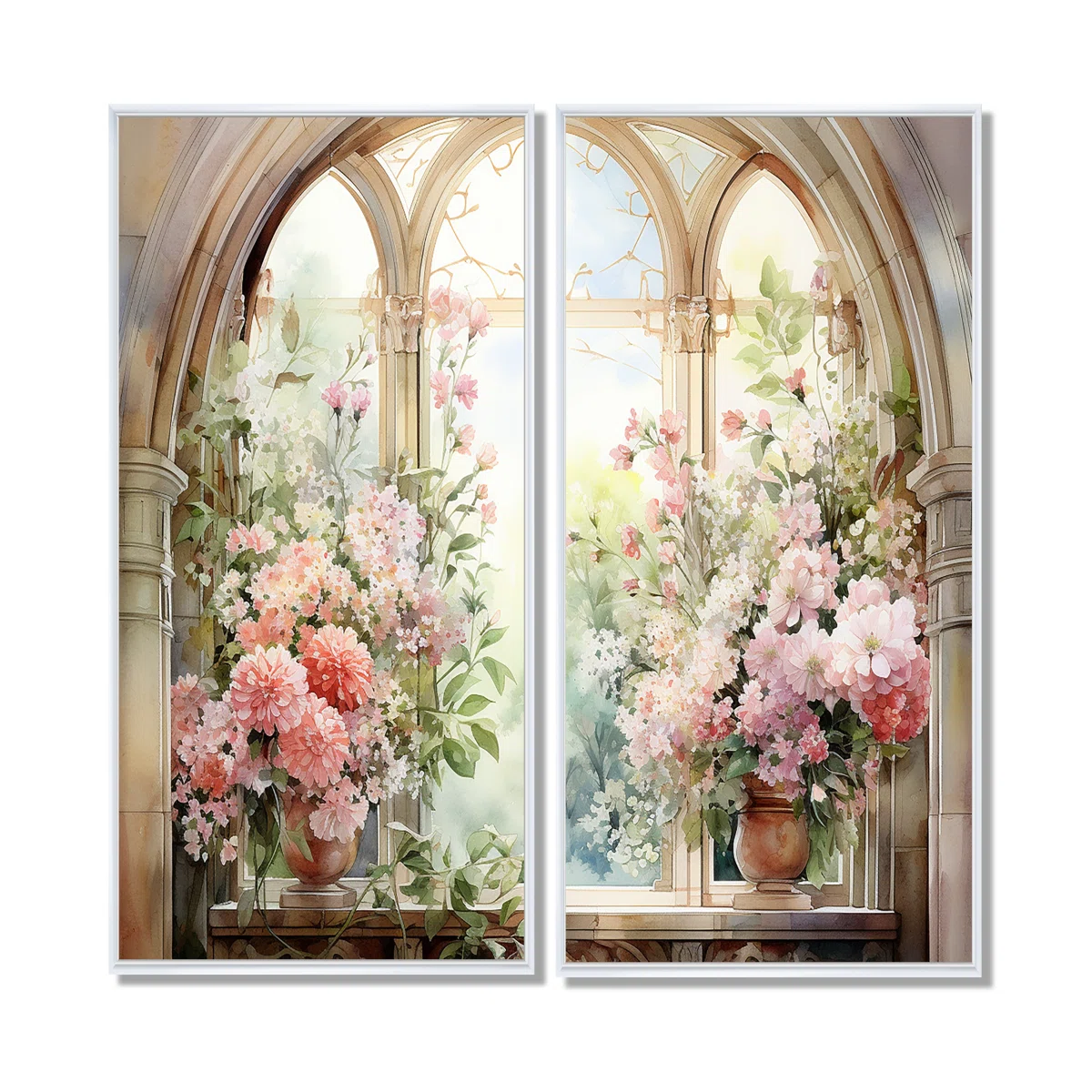 Pink Blossoming Country Window Gaze V - Pink Canvas 2-Pieces Wall Art