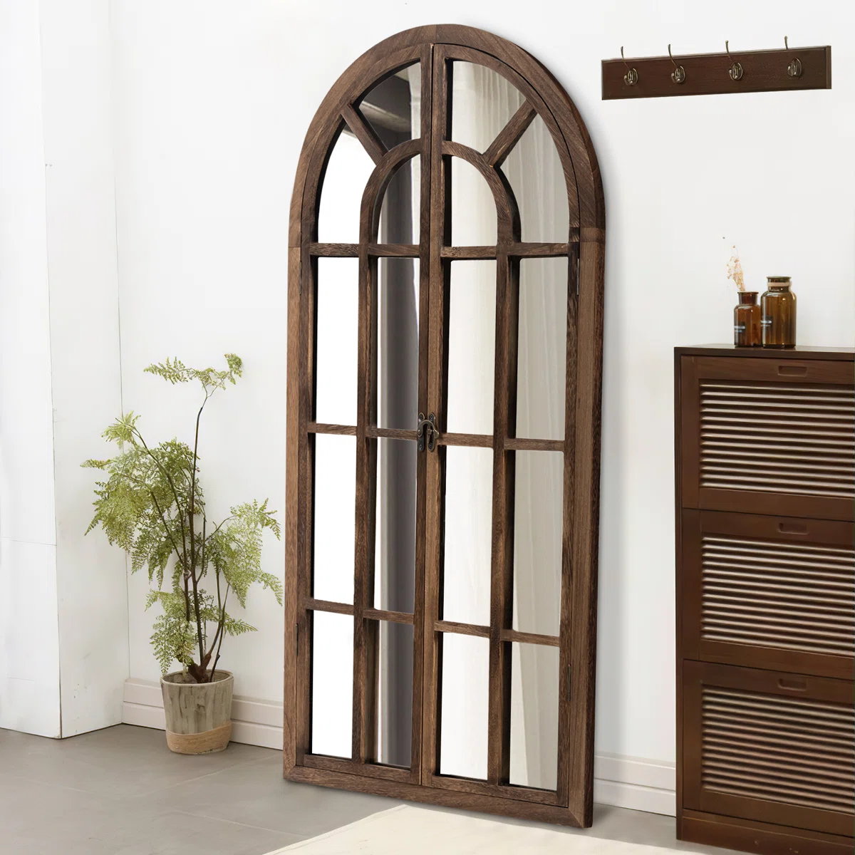 71"×31" Arch Wood Full Length Wall Mirror with Window Pane Frame