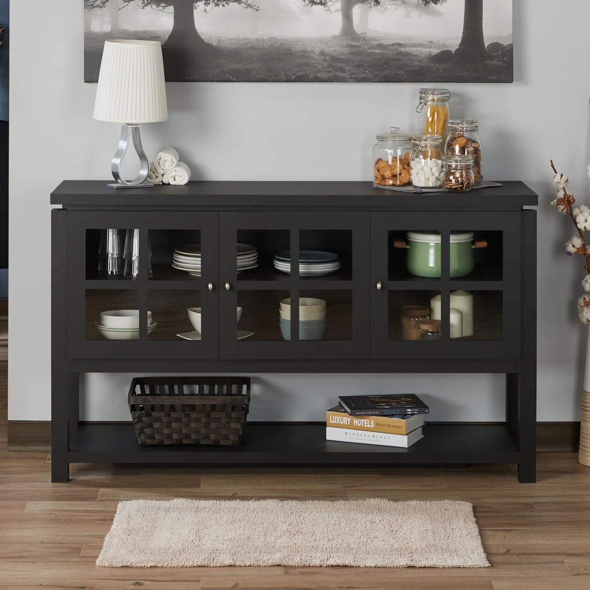 Tyndalls Park 59" Wide Buffet Table with Glass Doors, Black