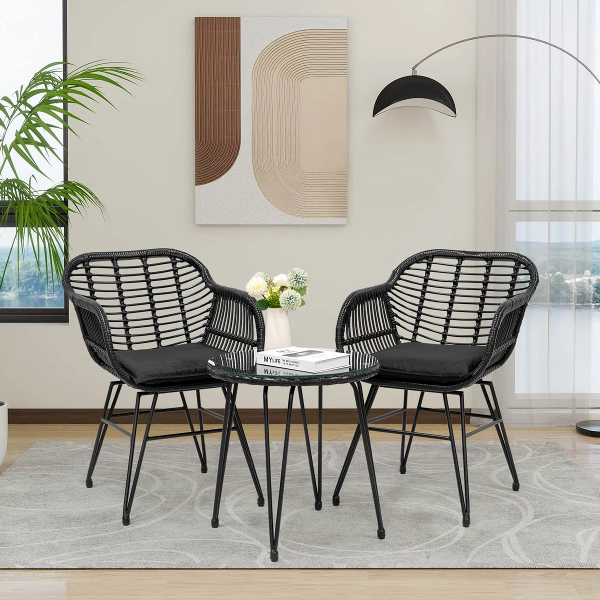 Bay Isle Home™ Virgie 3-Piece Wicker/Rattan Outdoor Seating Group – Black Cushions with Natural/Black Frame