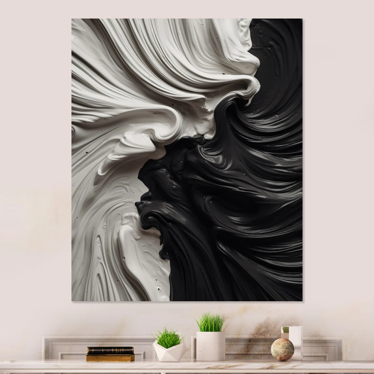 Black & White Marbled Dreamscape I – Modern Abstract Geometric Metal Wall Art | Glossy Aluminum Panel Wall Decor