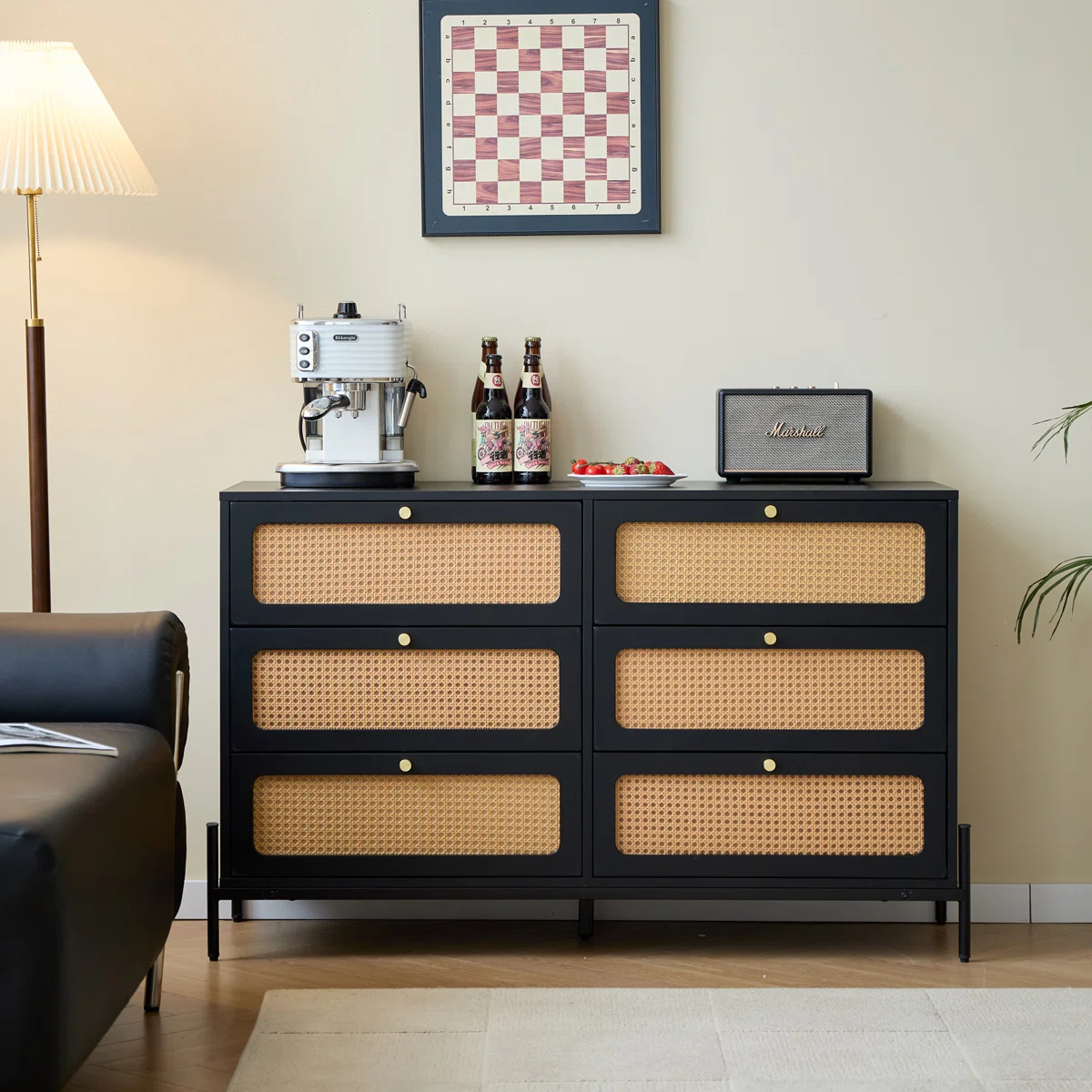 Aimara 47" 6-Drawer Rattan Dresser – Black Double Dresser with Gold Handles, Boho Wood Chest for Bedroom or Living Room