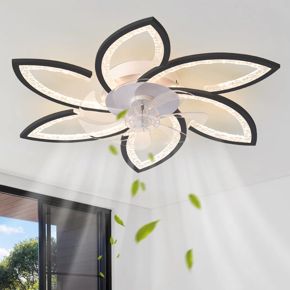 Jamonie 30" 7 - Blade Modern Indoor Dimmable LED Ceiling Fan with Light, Can Remote or APP Blade Finish Black