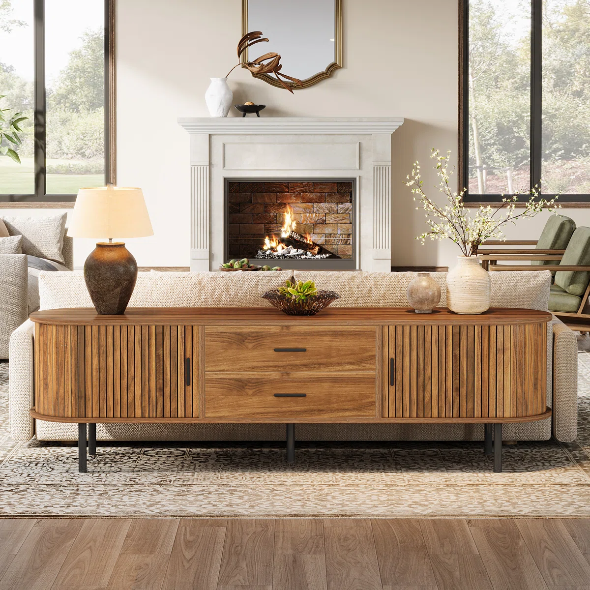 70" Mid-Century Modern Low Console Cabinet – Solid Wood Storage Sideboard for Living Room, TV Stand, or Entryway