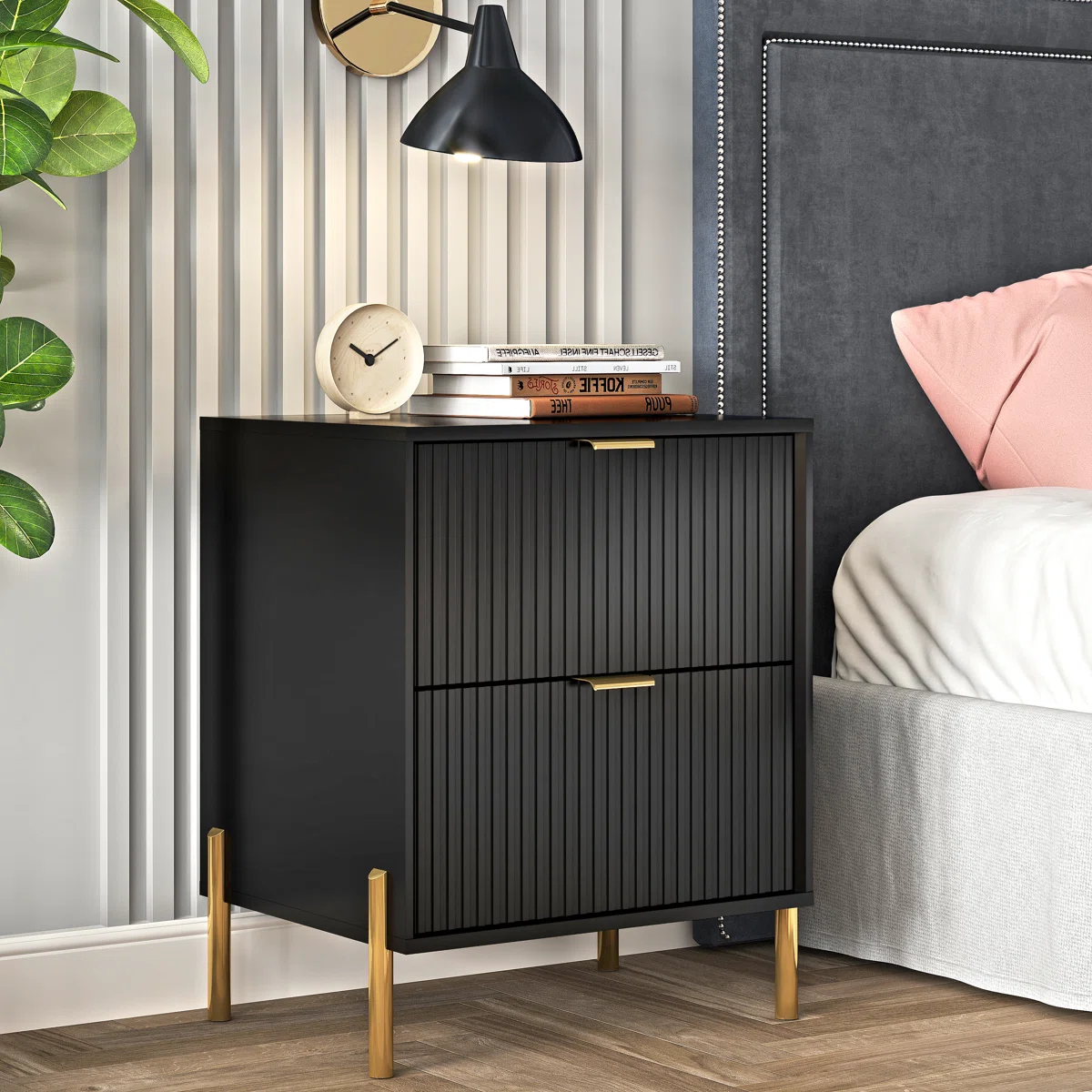 Willa Arlo™ Interiors Cainsville Gold & Black Nightstand – Modern Manufactured Wood and Steel Bedside Table