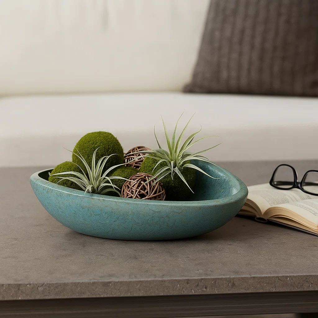 18 Green Glazed Earthenware Decorative Bowl Modern Tabletop Accent