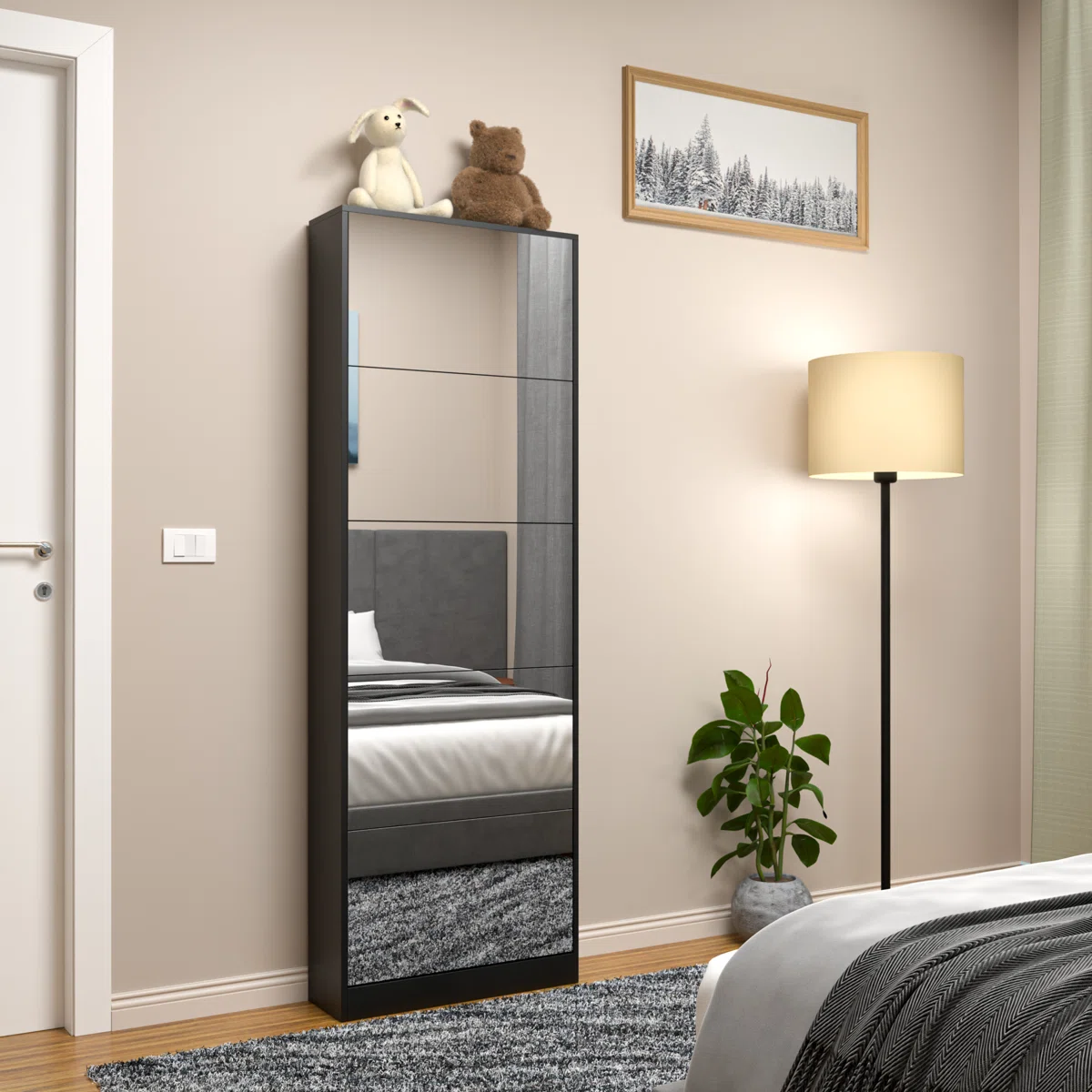 Modern Shoe Storage Cabinet with Mirror, Black – Narrow Entryway Flip-Down Organizer