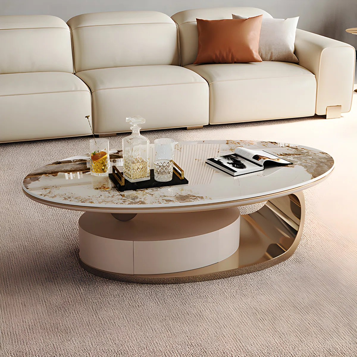 Pre-Assembled 51" Modern Oval Coffee Table with Sintered Stone Top, Gold Metal Base & Storage Drawer Luxury Marble-Look Center Table for Living Room