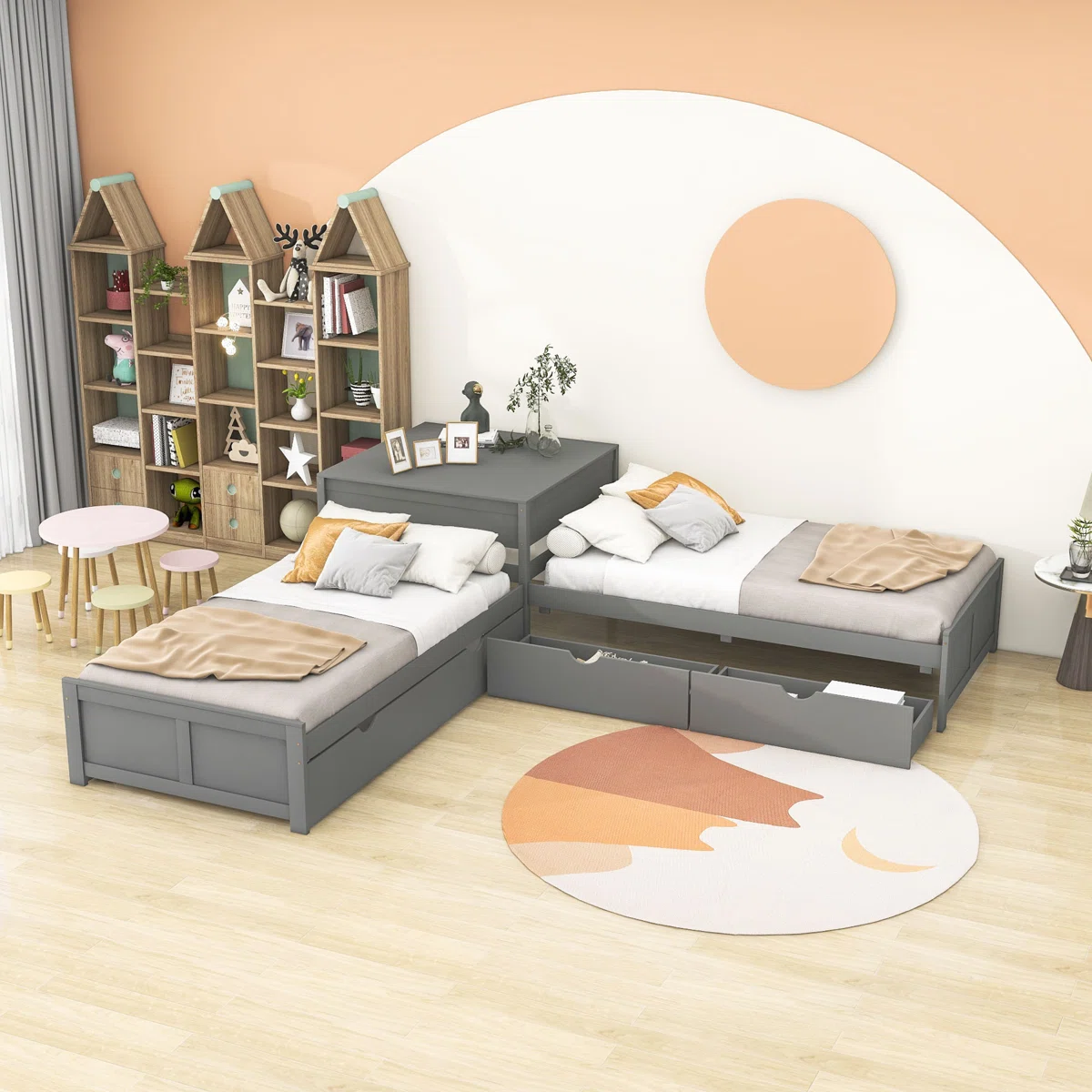 Twin Size L-Shaped Wooden Platform Bed with Trundle, Built-In Table & 2 Storage Drawers – Solid Pine & MDF