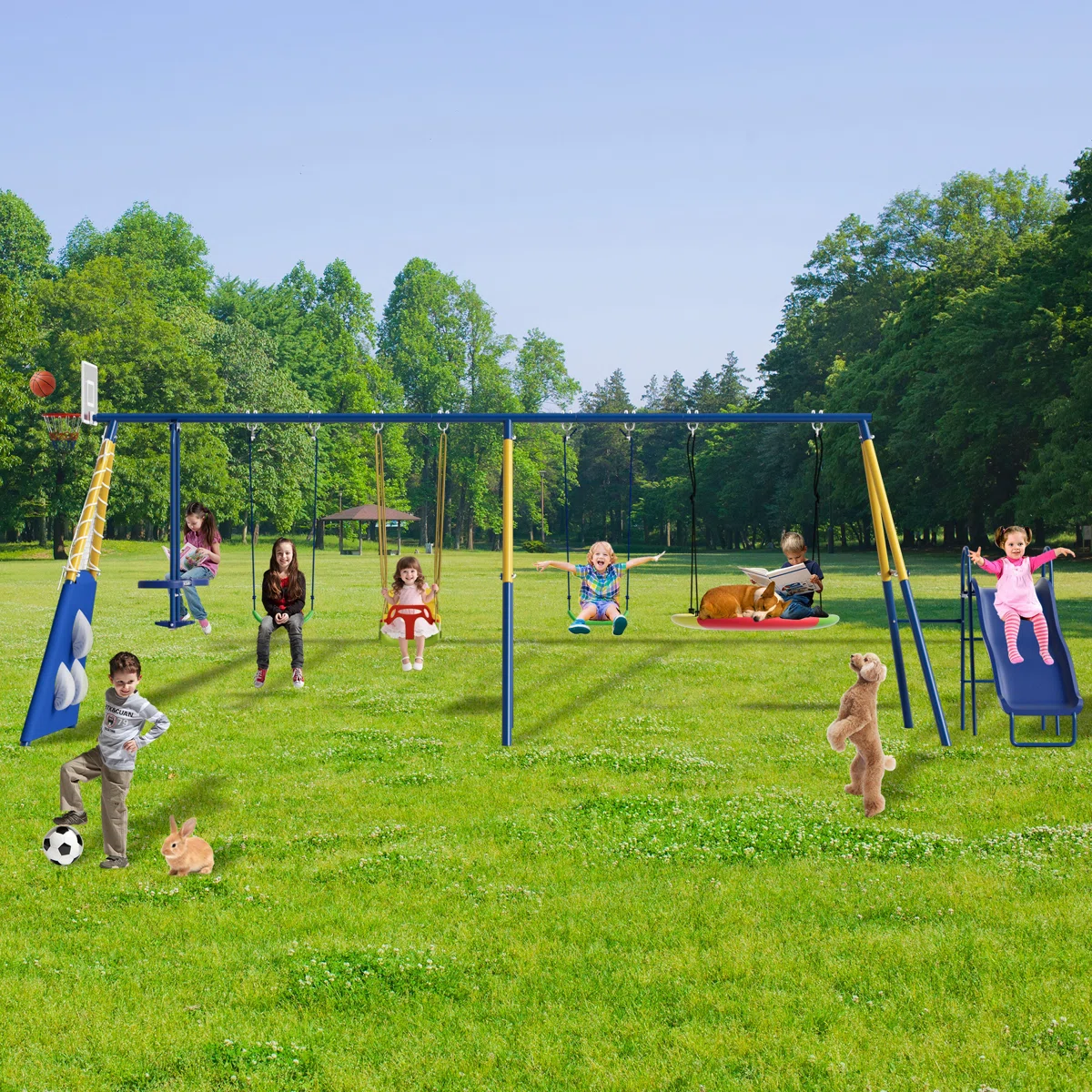 SUMIJ 8-in-1 Backyard Swing Set with Slide & Basketball Hoop – Heavy-Duty Outdoor Metal Playset for Kids (550 lbs Capacity)