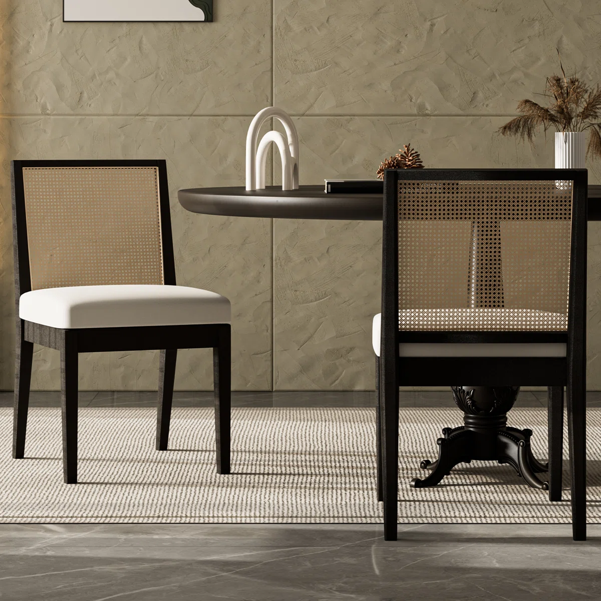 Arnkell Solid Wood Dining Chair with Rattan Backrest – Set of 2 Modern Farmhouse Side Chairs