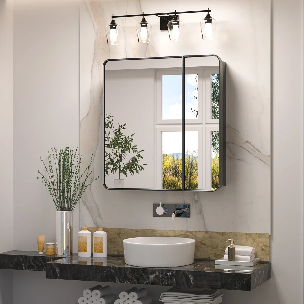 Gervon Rectangle Recessed or Surface Mount Medicine Cabinet with Mirror and Adjustable Shelves – Stainless Steel Frame, Modern Bathroom Storage