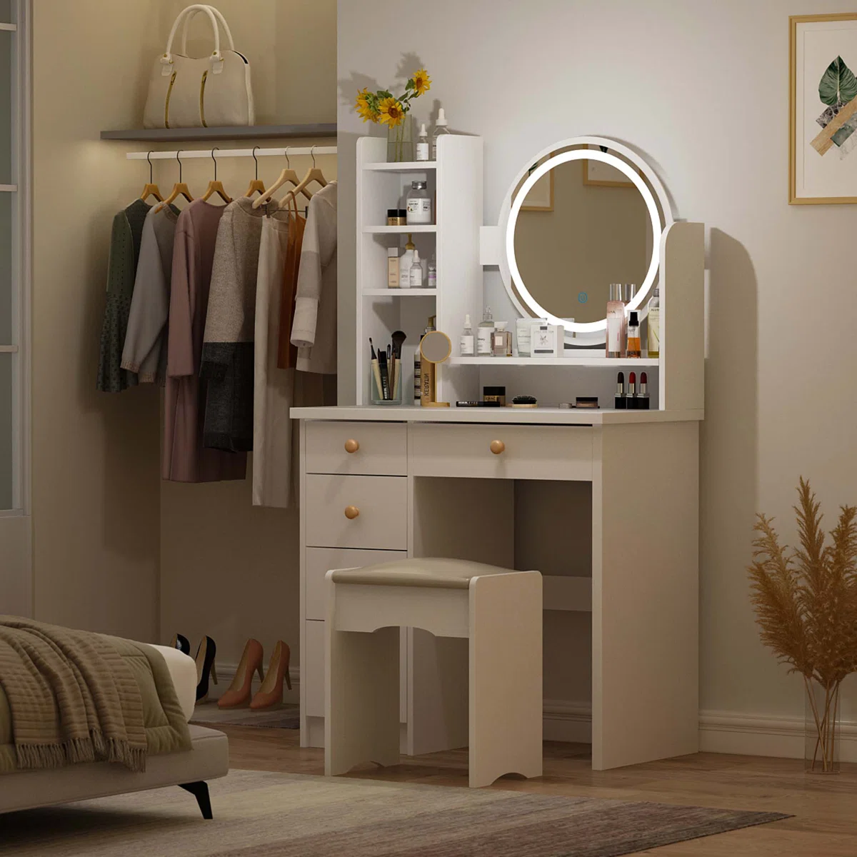 Willodine Vanity Set with Stool and Mirror White Color