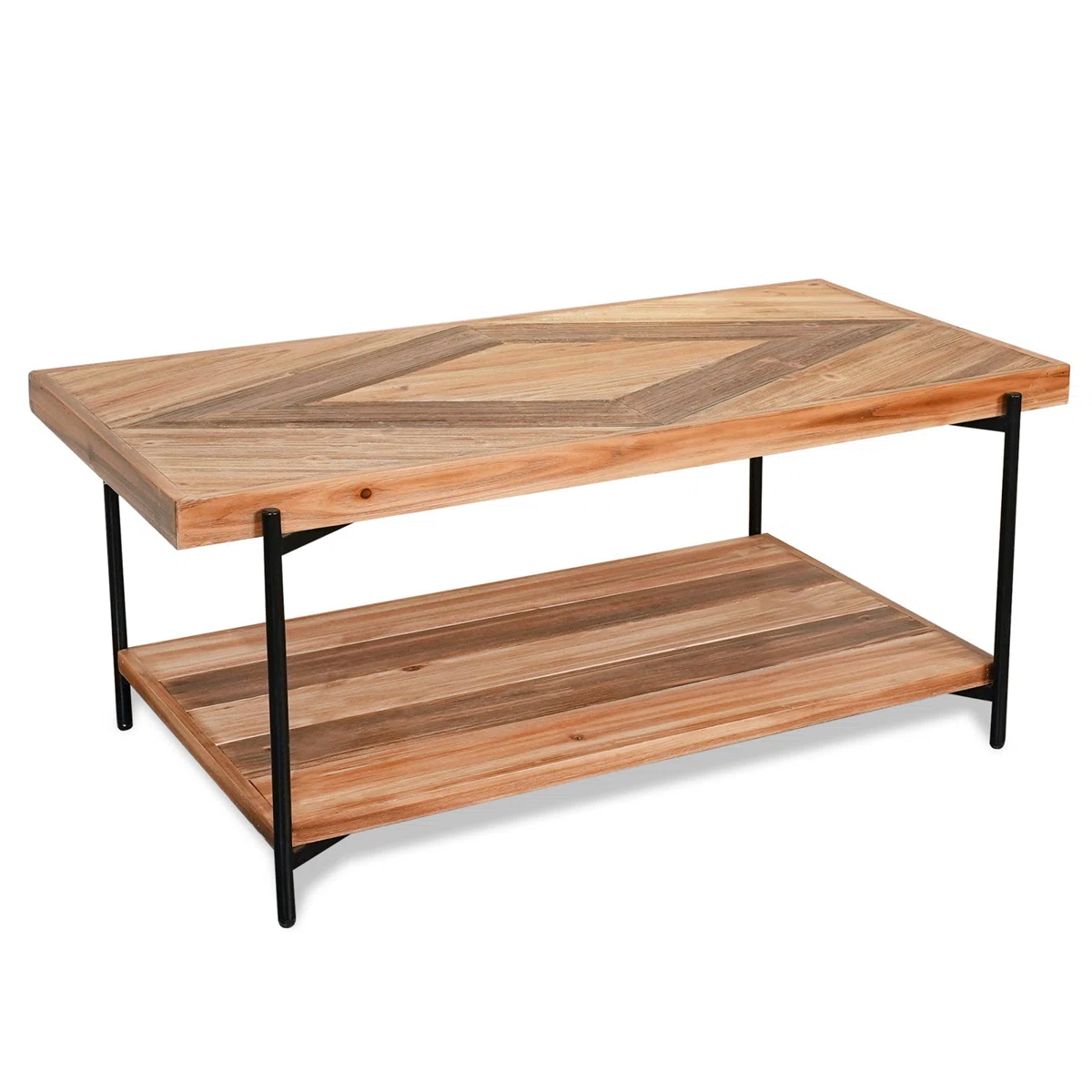 CONSDAN 44" Solid Fir Wood Coffee Table with 2-Tier Storage – Rustic Metal Frame Living Room Center Table