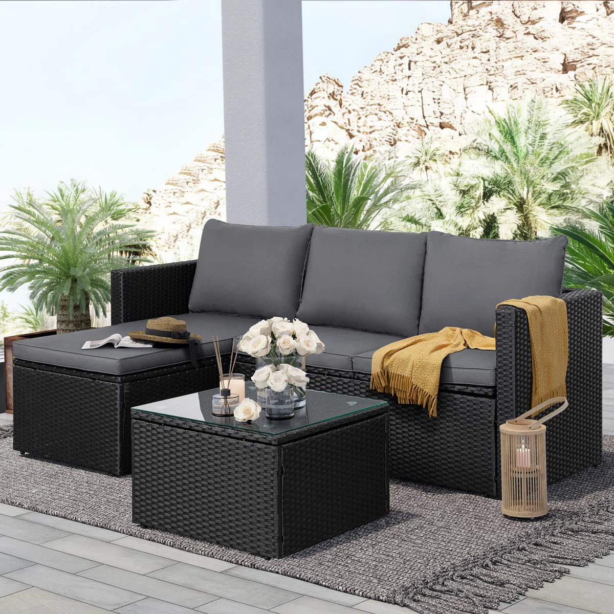 Patio Furniture Set 3 Piece Outdoor Sectional Patio Sofa, All-Weather Wicker Rattan Outdoor Furniture Set With Glass Table And Cushions Color Gray, Frame Color Black