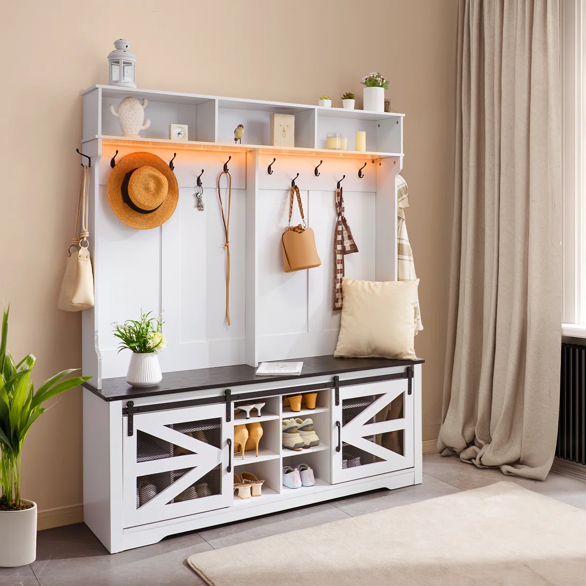 59" Hall Tree Entryway Bench with LED Light, Coat Rack & Shoe Storage – Multi-Functional Mudroom Bench with Seating and Shelves