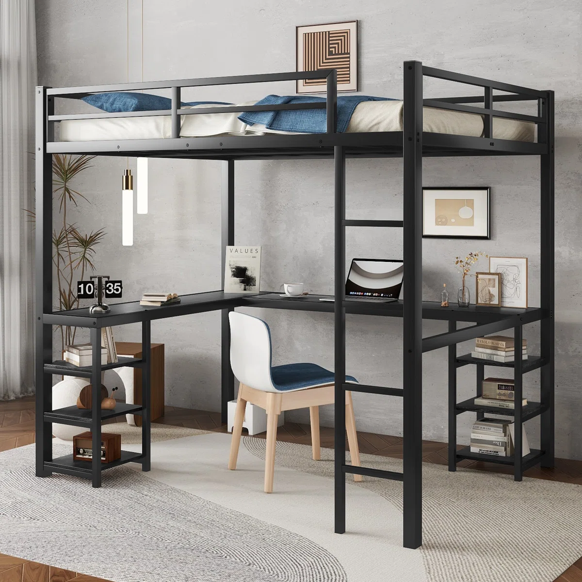 Metal Loft Bed with Desk, Shelves, Ladder and Guardrails, Sturdy Loft Bed Frame for Bedroom, Space-Saving Design