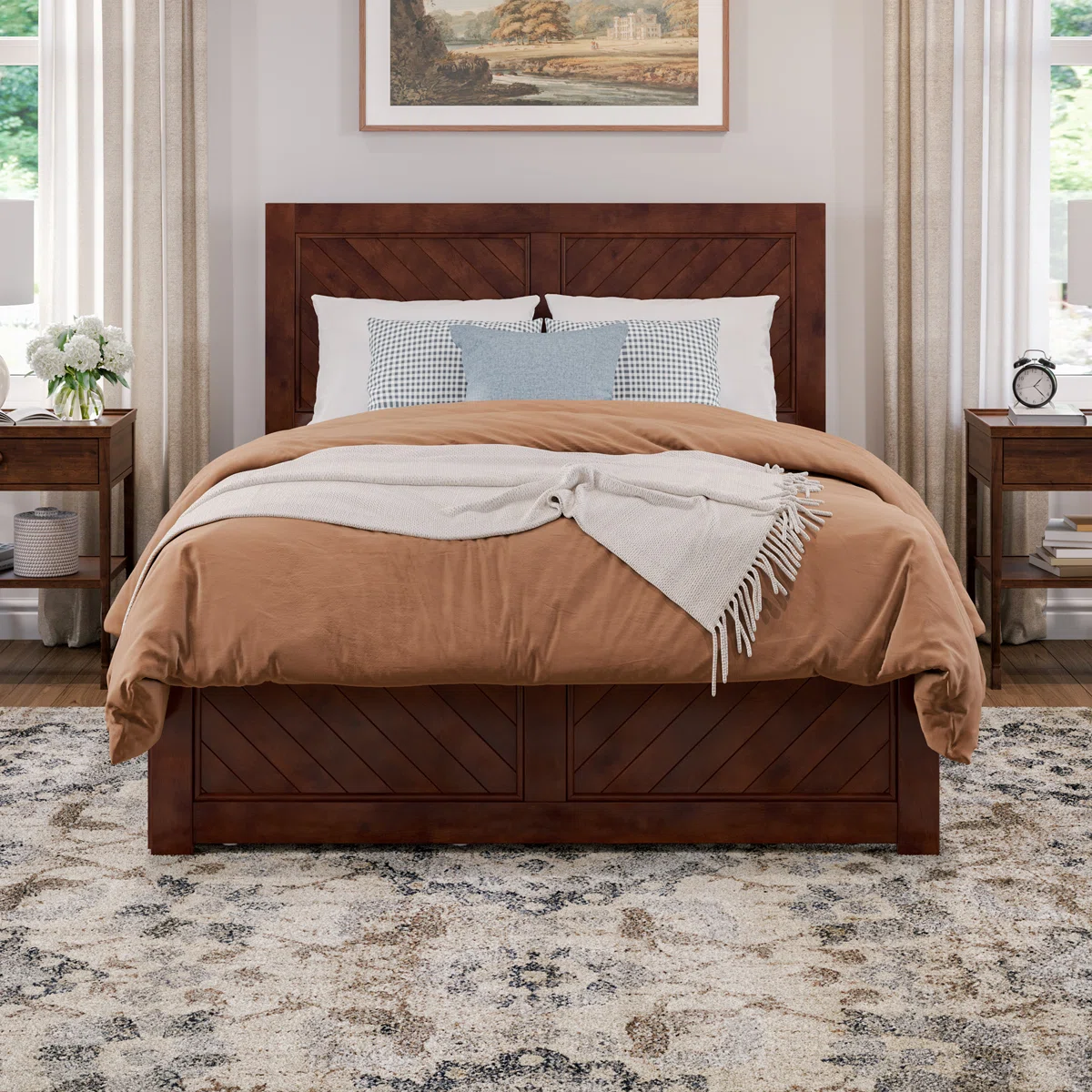 Jeinny Solid Wood Platform Bed with Matching Footboard & Storage Drawers – Full Size, Walnut Finish, Solid Wood Frame with Built-In Drawer Storage
