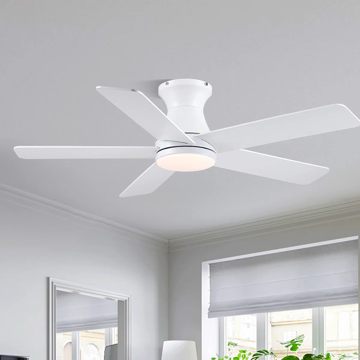 46" 5-Blade White Flush Mount Ceiling Fan with LED Light, Remote & App Control – Modern Reversible DC Motor Ceiling Fan for Bedroom & Living Room