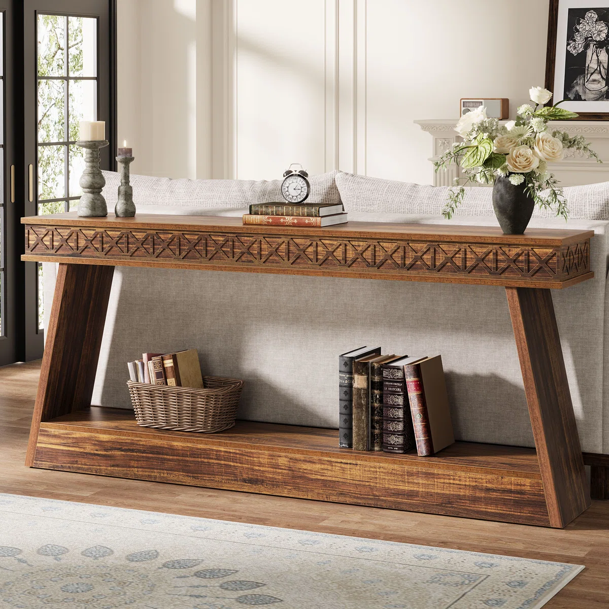 Gracie Oaks 70.87" Walnut Console Table with Shelf – Modern Accent Sofa Table