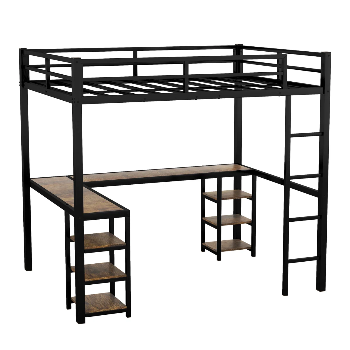 Metal Loft Bed with Desk, Shelves, Ladder and Guardrails, Full – Space-Saving