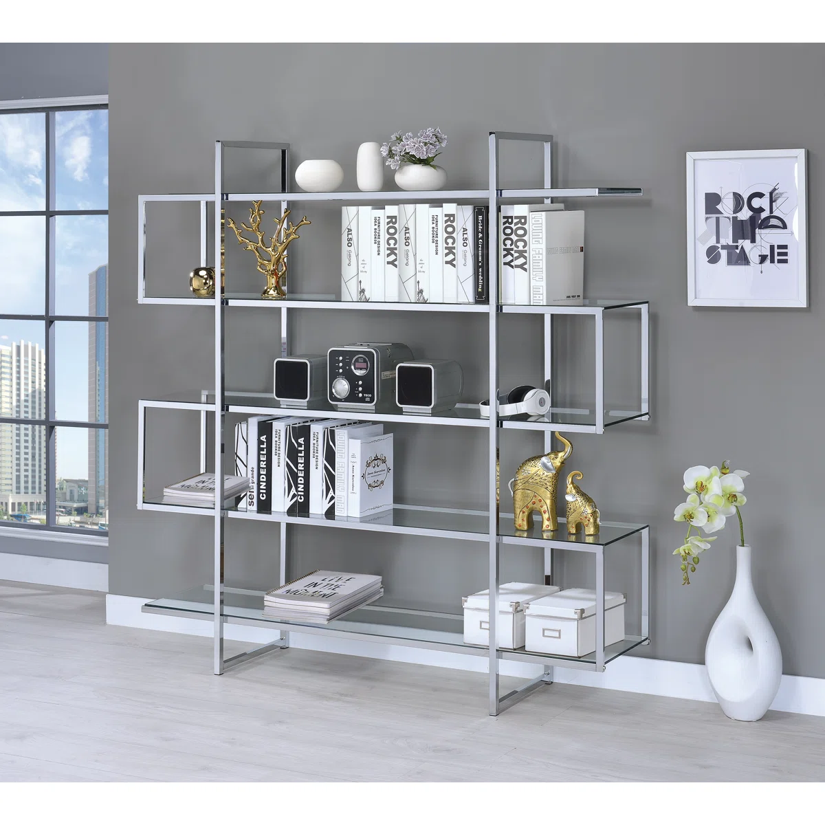 5-Tier Geometric Bookcase – Clear Tempered Glass Shelves & Chrome Metal Frame