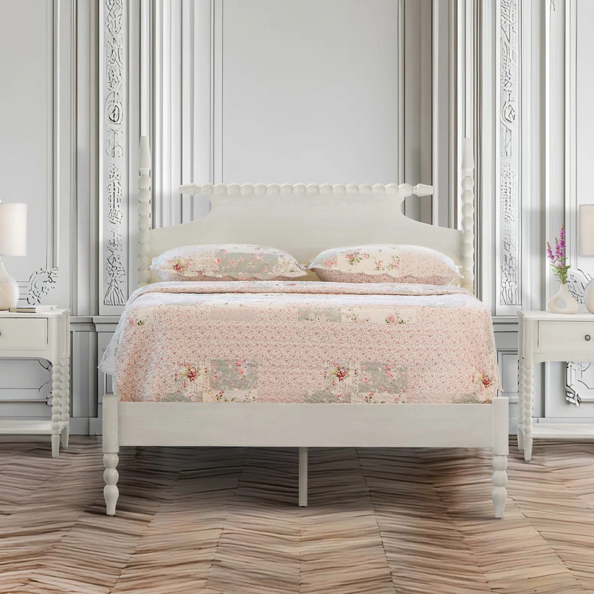 Solid Wood Spindle Bed – Cottage Style Headboard & Footboard with Antique Finish