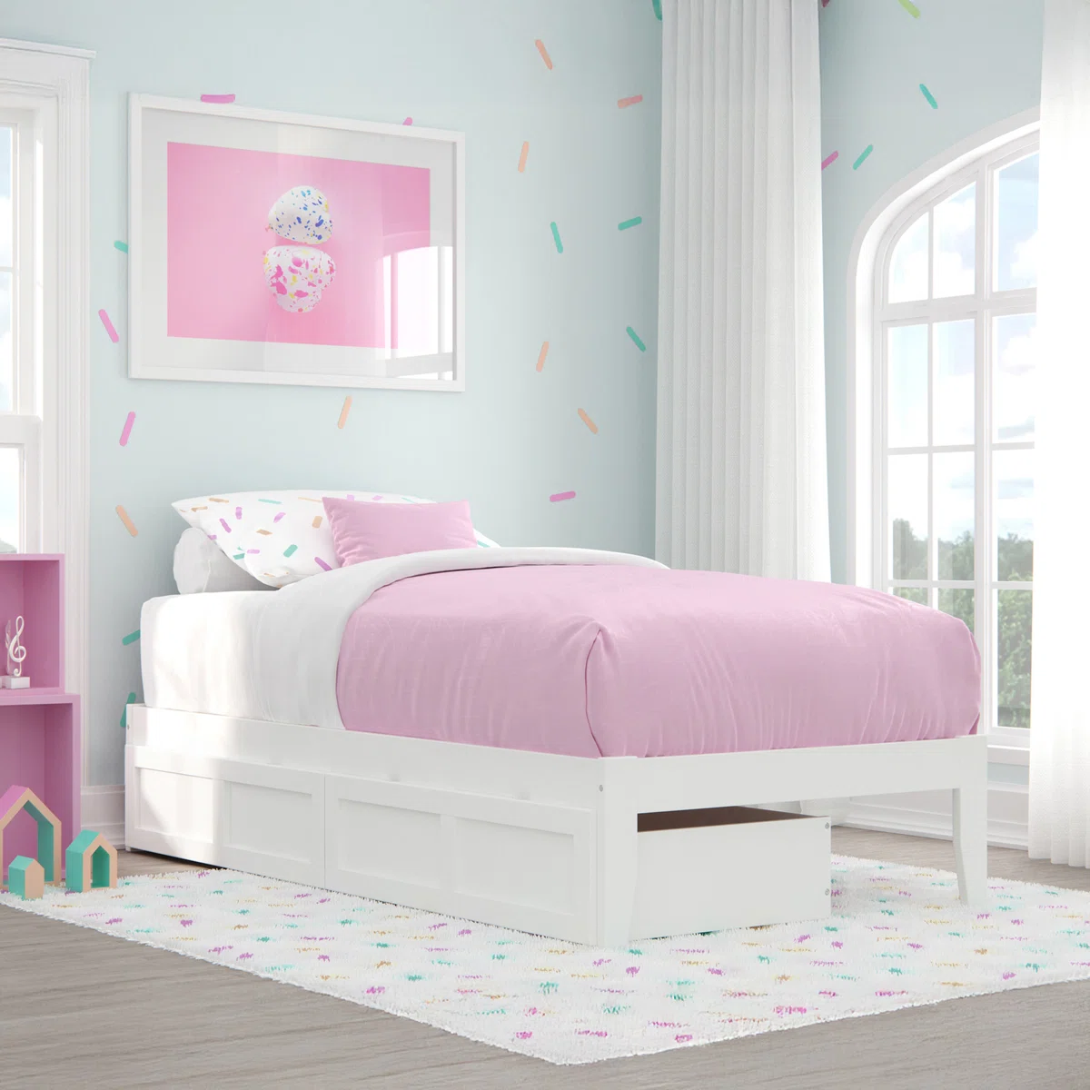 Aayanna Twin Storage Platform Bed – White Bed Frame with Underbed Drawers and USB Charger