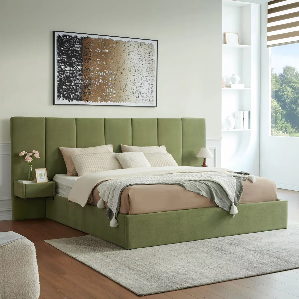 Upholstered Lift Storage Bed Frame with Hotel-Style Headboard – King Size, Green Velvet Upholstery, Gas-Lift Under-Bed Drawers & Sprung Slats