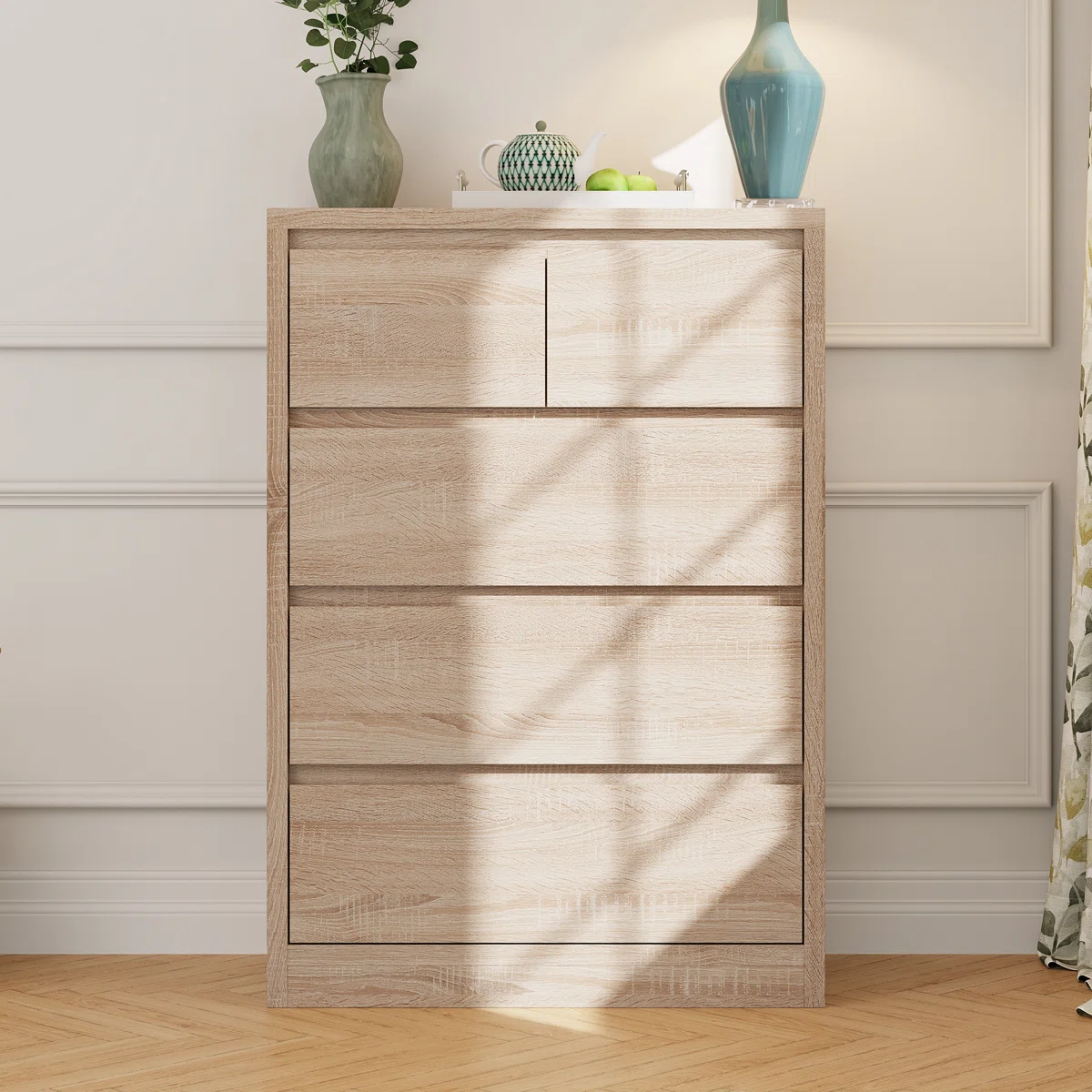 Gracie Oaks 5-Drawer Vertical Accent Chest with NFC Lock & Hidden Space – Wood Grain Finish