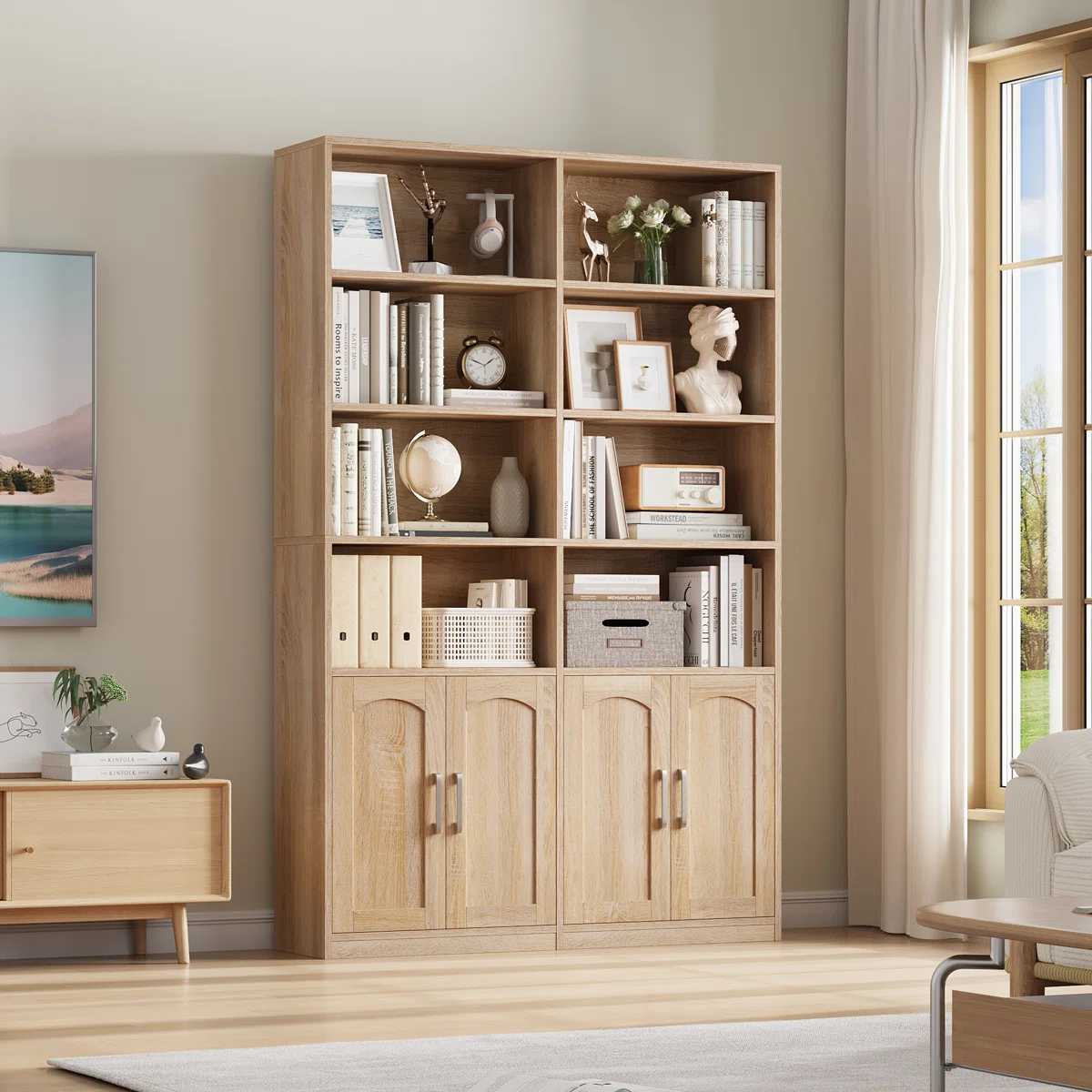 Harriet Bee Kirklyn 73” Oak Storage Bookcase with Doors – 8-Shelf Standard Bookcase for Home Office or Study Room