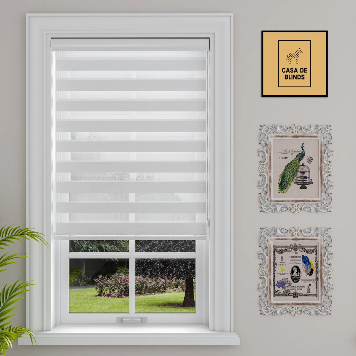 Dual-Layer Zebra Roller Shade – Corded Privacy Window Blind, White (35" W x 72" L)