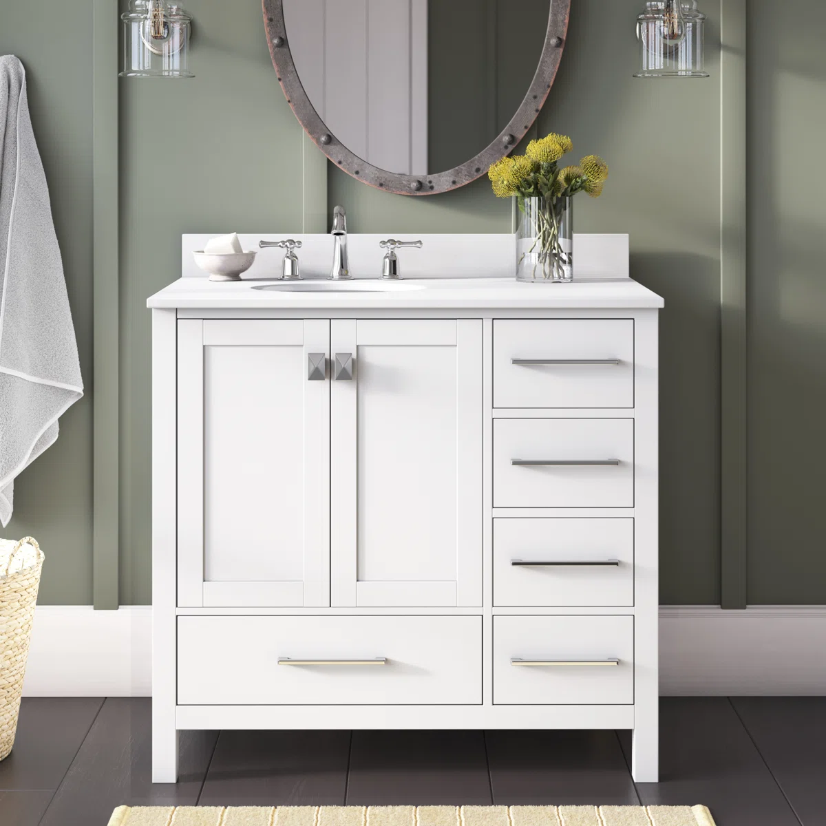 Irene 36" Single Bathroom Vanity with Engineered Marble Top, Undermount Sink & Soft-Close Drawers Freestanding Modern Vanity Cabinet with Backsplash