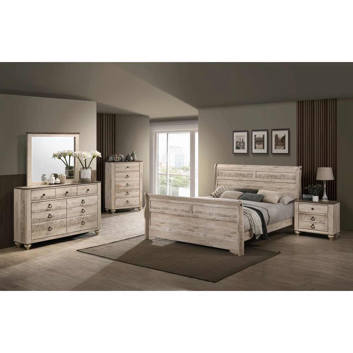 Anoka 6-Piece King Bedroom Set – Sleigh Bed with Dresser, Mirror, Nightstand & Chest, Vintage White-Washed Finish