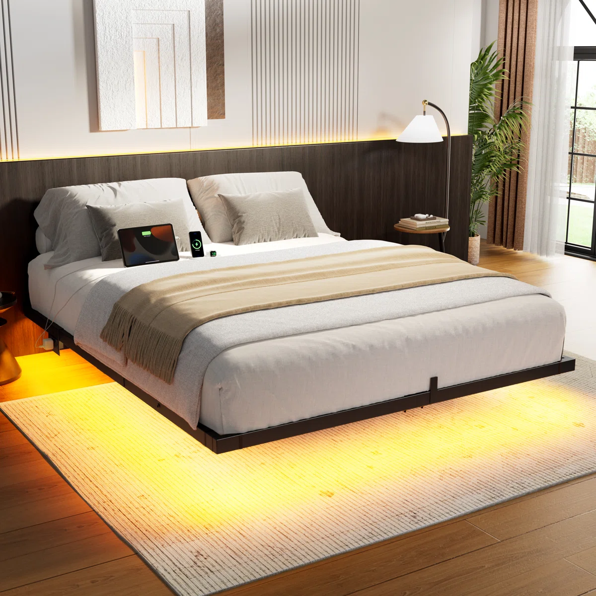 Zoller Floating Platform Bed with LED Lights & Charging Station