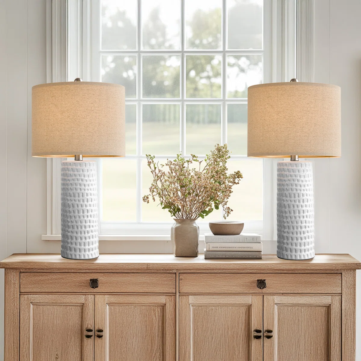 Anazagene 24" Modern White Ceramic Table Lamp Set with Linen Drum Shades – Stylish Lighting for Living Room, Bedroom & Office