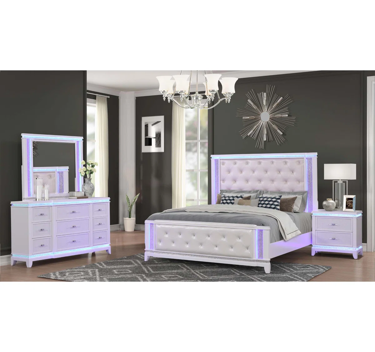 4-Piece Dark Grey LED Bedroom Set with Eastern King Sleigh Bed, Nightstand, Dresser & Mirror | Modern Luxury Bedroom Furniture