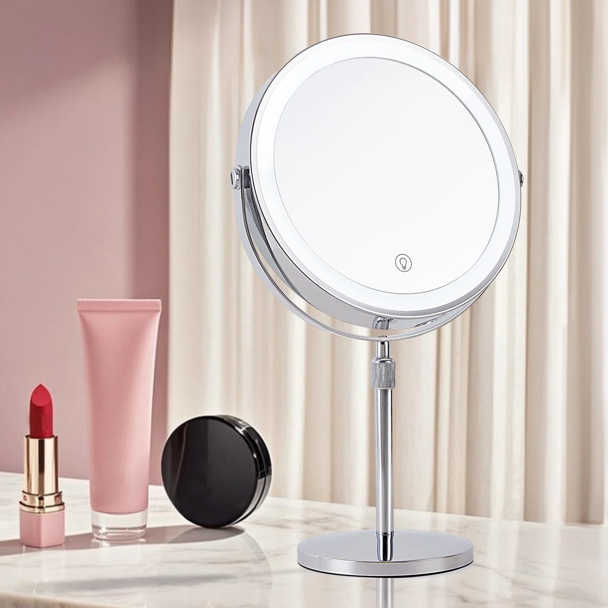 9" LED Lighted 1x/10x Magnifying Vanity Mirror – Rechargeable, Round Desktop Metal Makeup Mirror, Height Adjustable, Polished Chrome