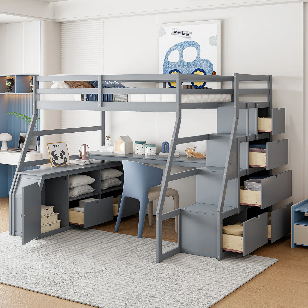 Heiki Storage Loft Bed with Desk & Stairs – Full Size, Gray Finish, All‑in‑One Work‑&‑Sleep Loft Bed for Kids