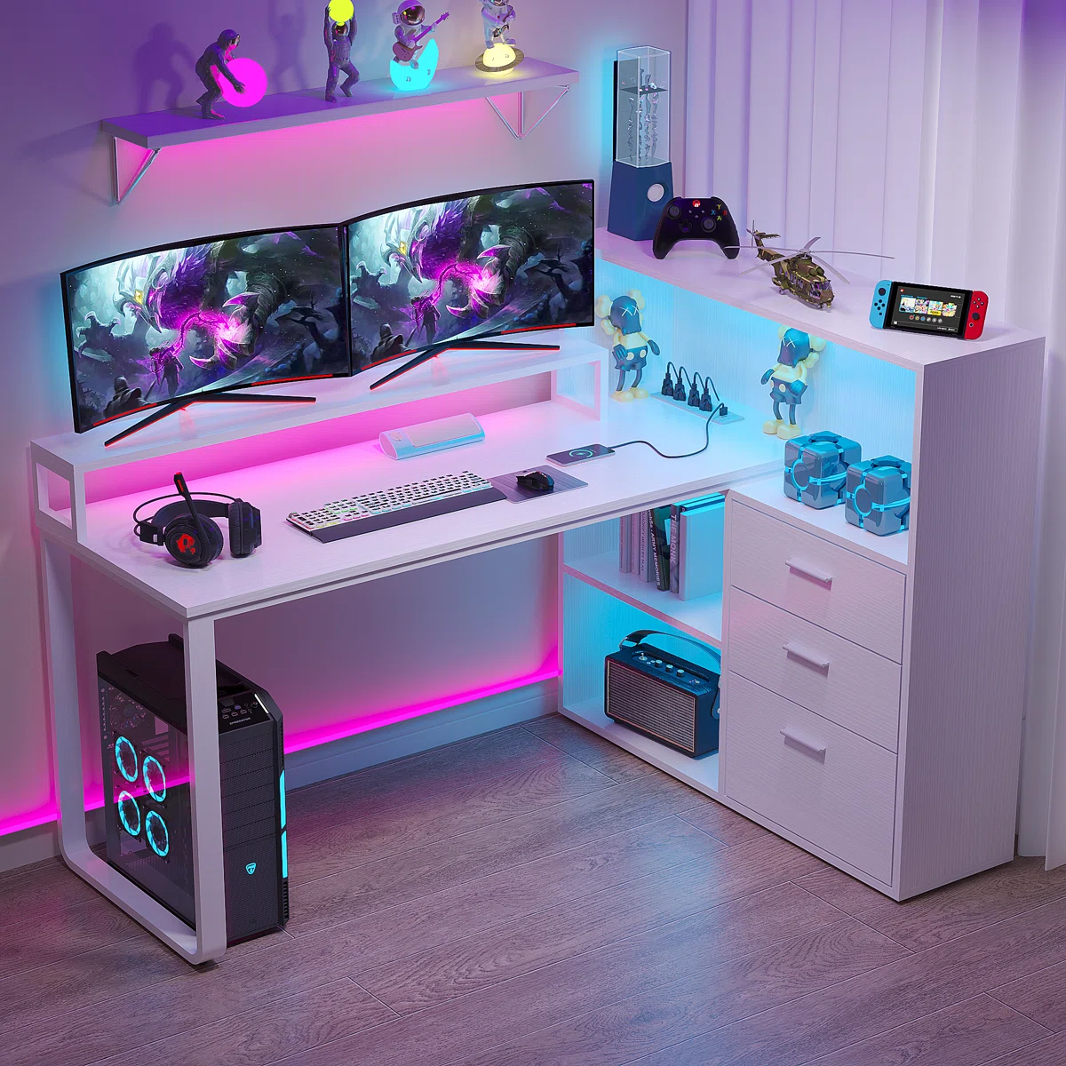 L Shaped Desk With Bookshelf and Drawer, Corner Desk with LED Lights