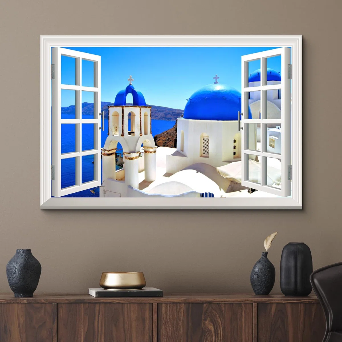 Window Scenery Churches of Santorini, Greece & Blue Ocean Wrapped Canvas Print – 32"x48" Scenic Wall Art, High-Definition Color Photography, Ready to Hang