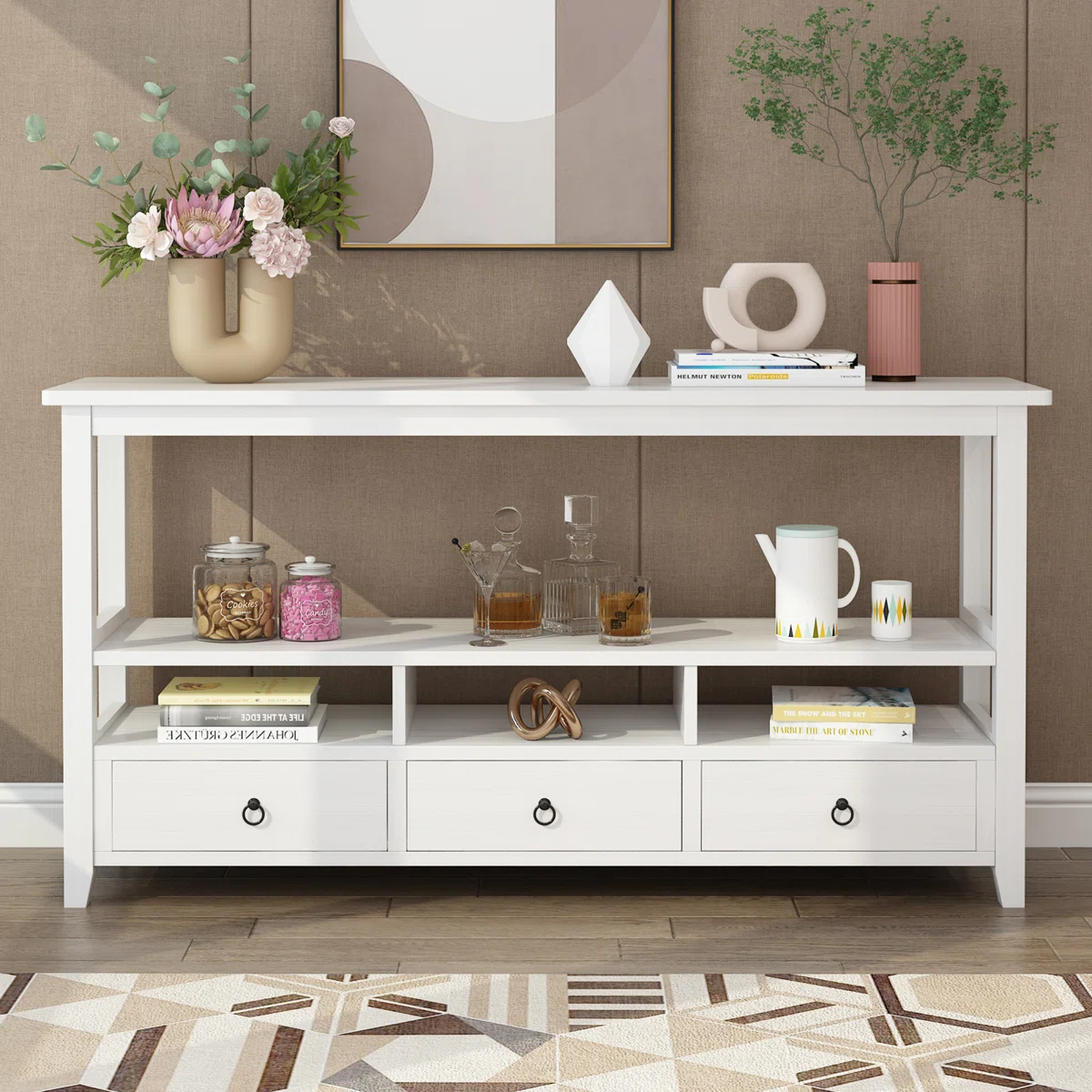 Beachcrest Home Meira 57.79" White 3-Tier Vintage Solid Console Table with 3 Drawers & Shelves – Entryway, Living Room & Bedroom Accent Table