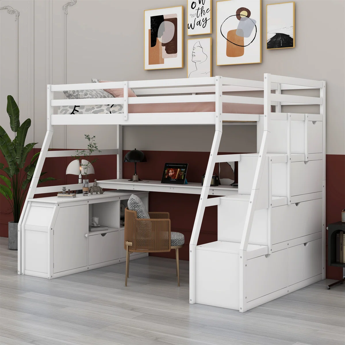 Heiki Storage Loft Bed with Desk and Stairs – Space-Saving Kids Loft Bed with Built-in Desk, Drawers, Shelves & Guardrails