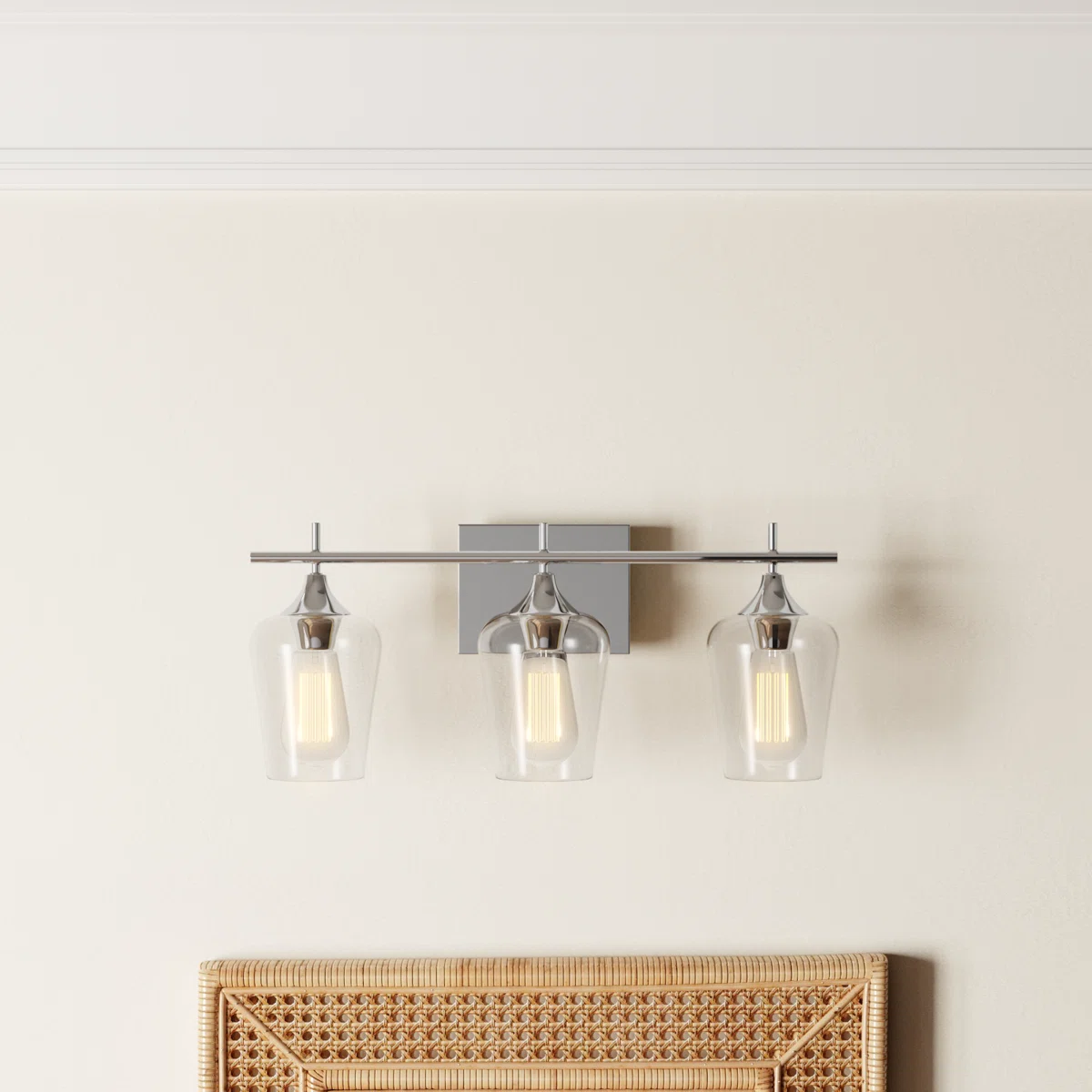 Breena 3-Light Dimmable Vanity Light – Polished Chrome Bathroom Fixture with Hand-Blown Glass Shades