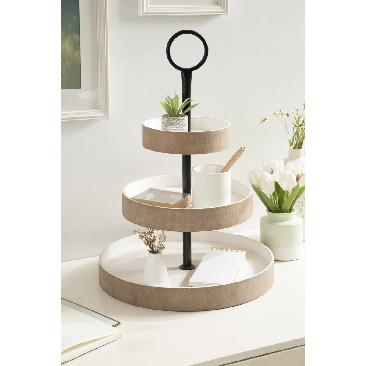 Burgess 3-Tiered Stand – Rustic Brown/White Solid Wood Tiered Tray, Farmhouse Style Decorative & Organizational Display