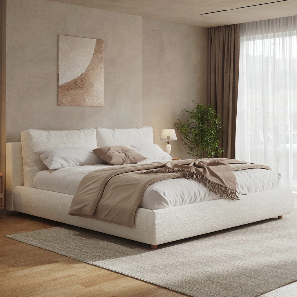 Queen Size Boucle Upholstered Platform Bed with Removable Pillow Headboard